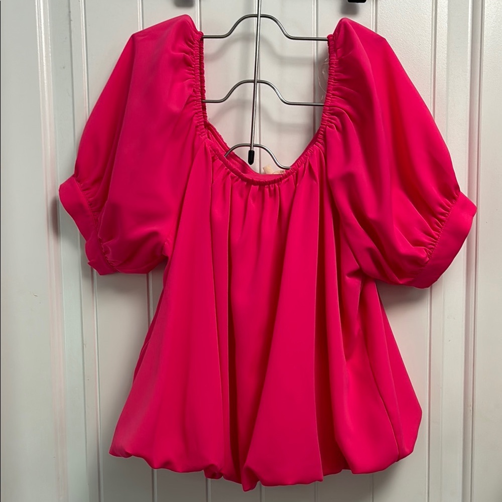 JODIFL Pink Puff Sleeve Blouse with Ruffled Details